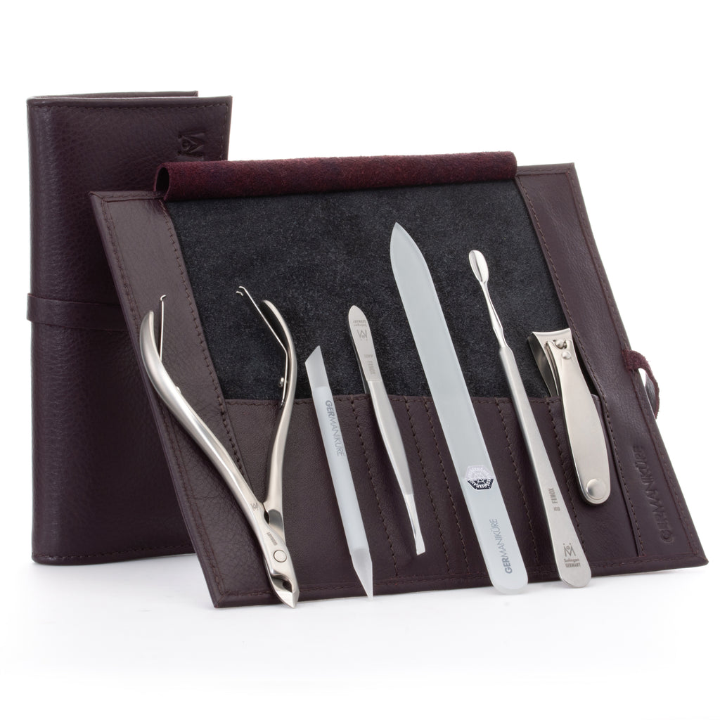 GERMANIKURE 6pc Manicure Set in Leather Case - FINOX® Surgical Steel: Cuticle Nipper, Nail Clipper, Cuticle Pusher, Tweezers and Glass Nail File