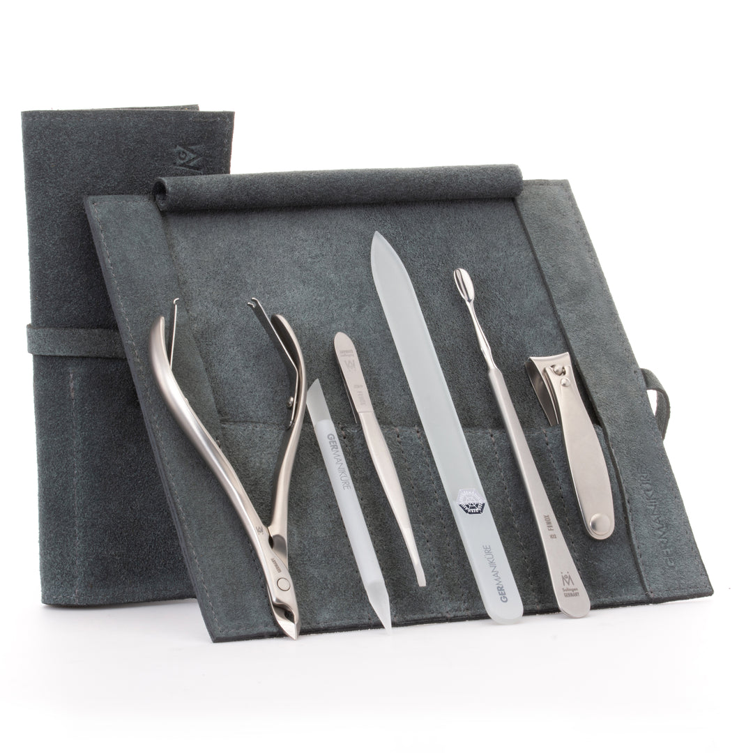 GERMANIKURE 6pc Manicure Set in Suede Case - FINOX® Surgical Stainless Steel: Cuticle Nippers, Nail Clipper, Cuticle Pusher, Tweezers, Glass Cuticle Stick and Nails File