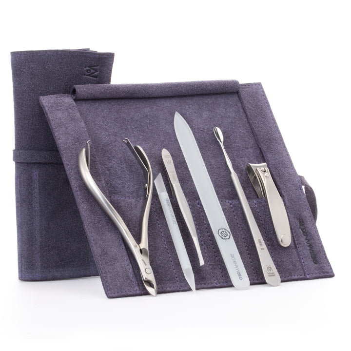 GERMANIKURE 6pc Manicure Set in Suede Case - FINOX® Surgical Stainless Steel: Cuticle Nippers, Nail Clipper, Cuticle Pusher, Tweezers, Glass Cuticle Stick and Nails File