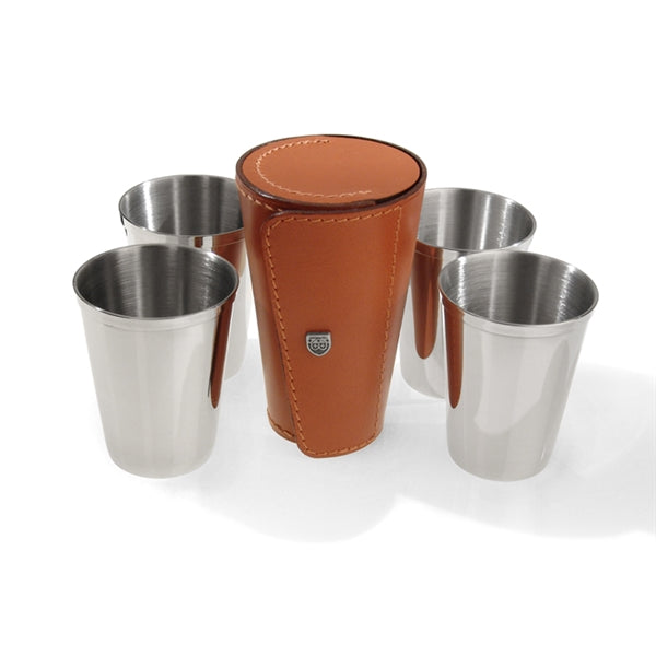Set of Four 70 ml Stainless Steel Cups in Leather Case by Beier Lederwaren, Germany