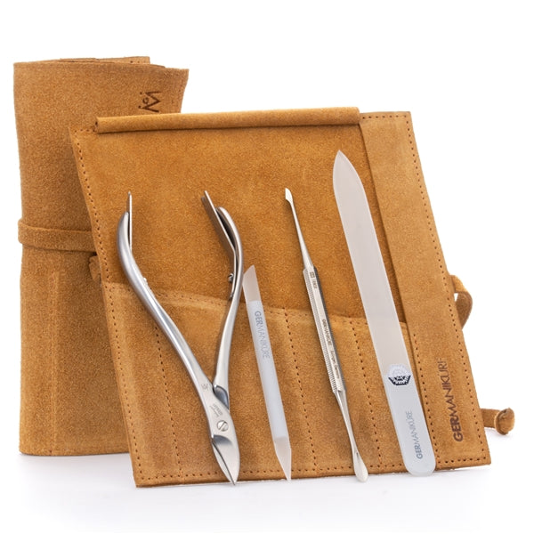 GERMANIKURE 4pc Manicure Set in Suede Case- FINOX® Stainless Steel: Toenail Nissors, Pusher & Cleaner, Glass Cuticle Stick and Nail File