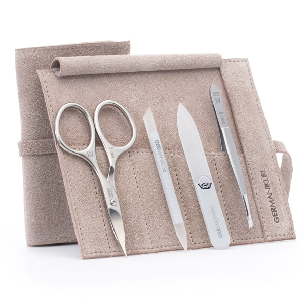 4pcs Travel Nail Care Kit, German FINOX® Surgical Stainless Steel: Combination Scissors, Tweezers, Glass stick and Glass Nails File in Suede Case