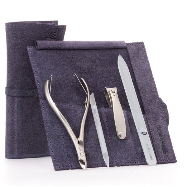 GERMANIKURE 4pc Manicure Set in Suede Case - FINOX® Stainless Steel: Cuticle Nipper, Nail Clipper, Glass Cuticle Stick and Nail File