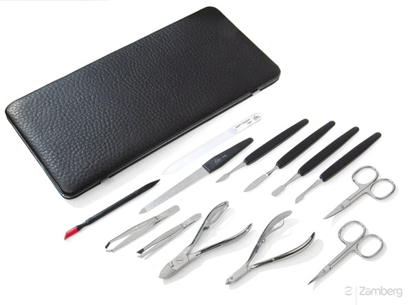 13 pcs Completed Manicure & Pedicure Set in Black Leather Case by Erbe, Germany
