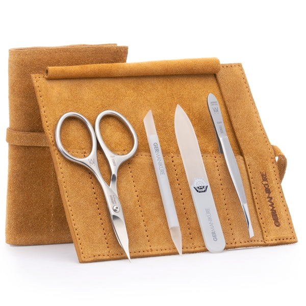 4pcs Travel Nail Care Kit, German FINOX® Surgical Stainless Steel: Combination Scissors, Tweezers, Glass stick and Glass Nails File in Suede Case