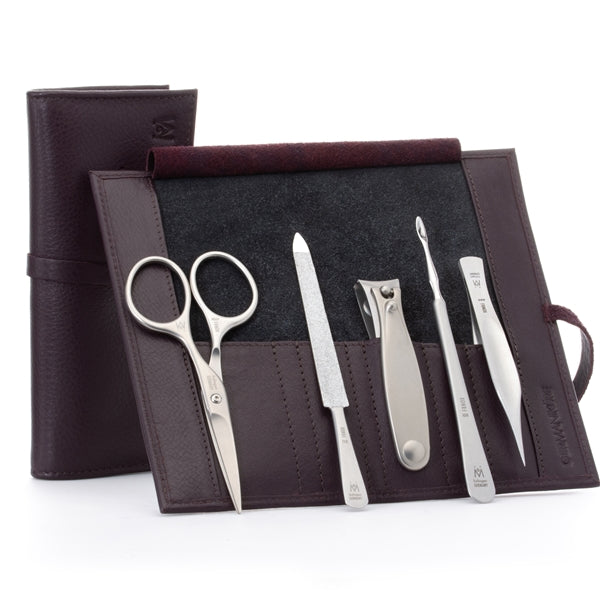 GERMANIKURE 5pc Men's Manicure Set - FINOX® Surgical Steel: Beard & Mustache Scissors, Cleaner, Sapphire Nail File, Tweezers, Toenail Clippers in Leather