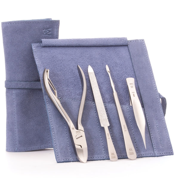 GERMANIKURE 4pc Manicure Set in Suede Case - FINOX - Stainless Steel: Toenail Nipper, Cleaner, Pointed Tweezer and Sapphire Nail File