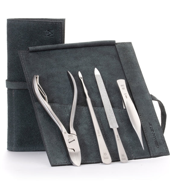 GERMANIKURE 4pc Manicure Set in Suede Case - FINOX - Stainless Steel: Toenail Nipper, Cleaner, Pointed Tweezer and Sapphire Nail File