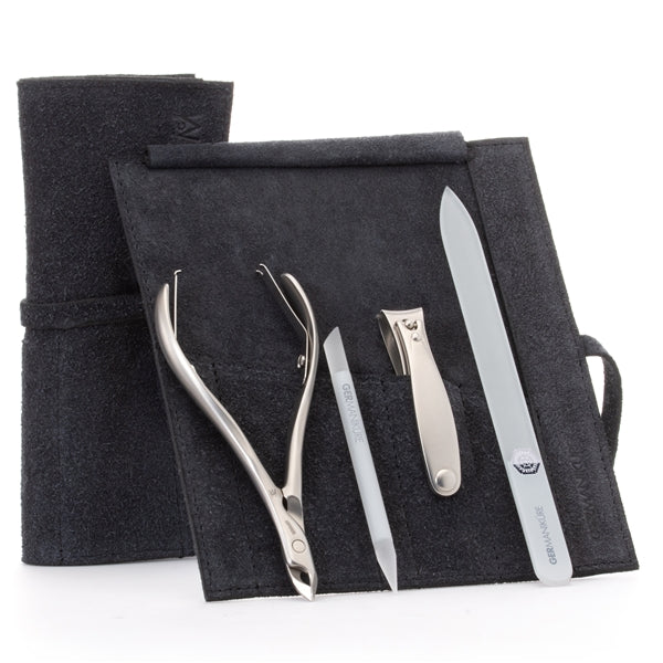 GERMANIKURE 4pc Manicure Set in Suede Case - FINOX® Stainless Steel: Cuticle Nipper, Nail Clipper, Glass Cuticle Stick and Nail File