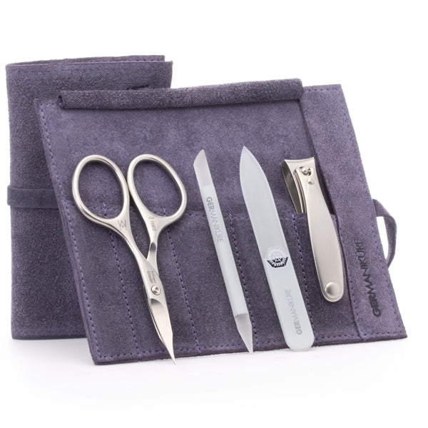 "GERMANIKURE" 4pc Manicure Set in Suede Case- FINOX® Stainless Steel: Combination Scissors, Nail Clipper, Glass Cuticle Stick and Nail File
