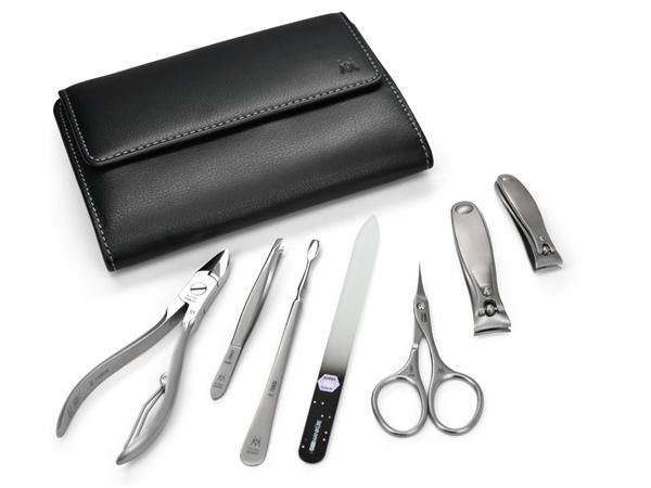7pcs Pedicure Kit German FINOX® Surgical Stainless Steel: Toenail and Fingernail Clippers, Scissors, Nippers, Tweezers, Glass Nail File