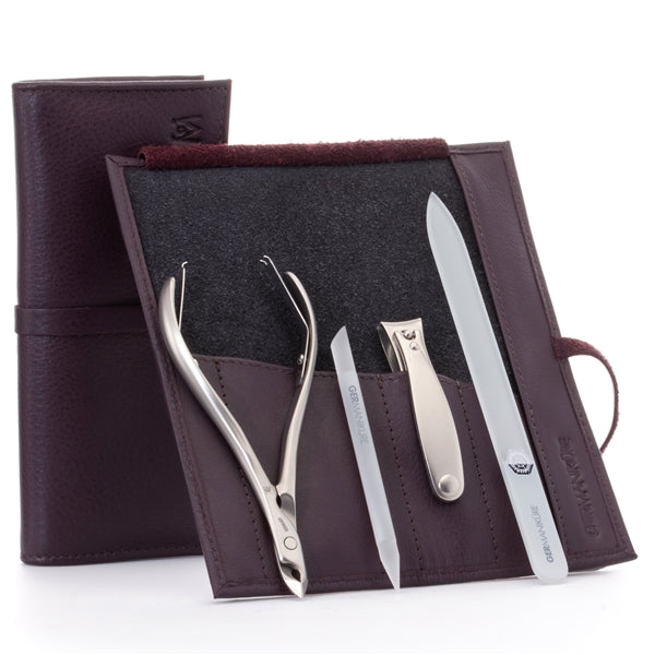 GERMANIKURE - 4pc Manicure Set in Leather Case - FINOX® Stainless Steel: Cuticle Nipper, Nail Clipper, Glass Cuticle Stick and Nail File