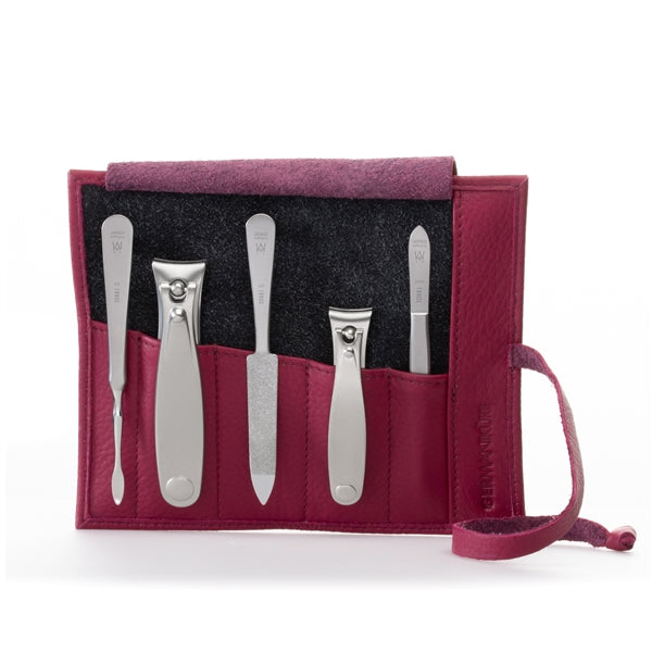 GERMANIKURE 5pc Manicure Set - FINOX® Surgical Steel: Toenail and Fingernail Clippers, Cleaner, Tweezers and Sapphire Nails File in Leather case