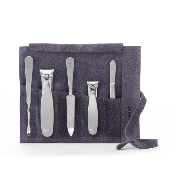 GERMANIKURE 5pc Manicure Set - FINOX® Surgical Steel: Toenail and Fingernail Clippers, Cleaner, Tweezers and Sapphire Nails File in Suede Case
