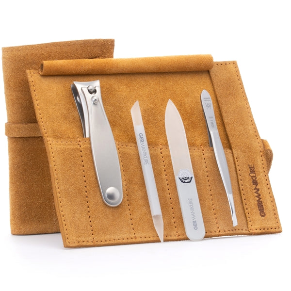 GERMANIKURE 4pc Manicure Set in Suede Case- FINOX® Stainless Steel: Toenail Clipper, Tweezer, Glass Cuticle Stick and Nail File
