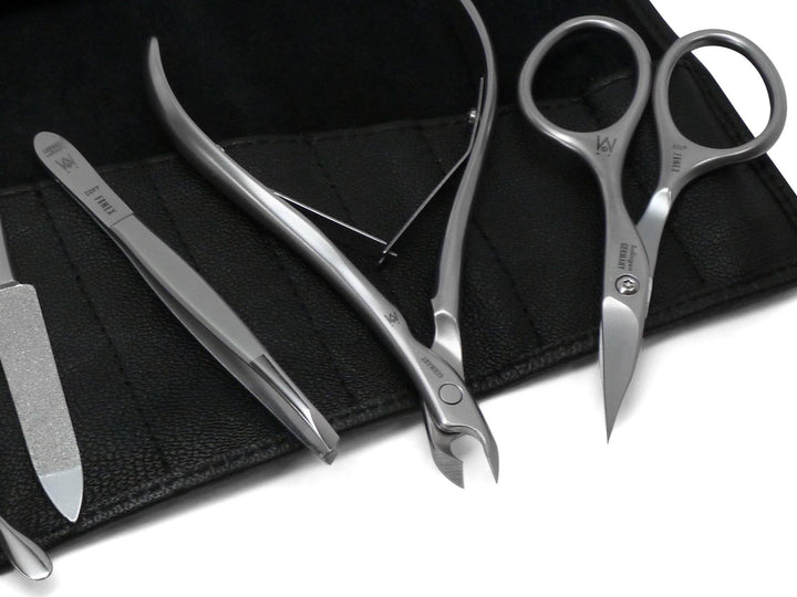 GERMANIKURE 8pcs Set FINOX® Surgical Stainless Steel: Clippers, Cuticle Nippers, Scissors, Tweezers, Nails File Implements